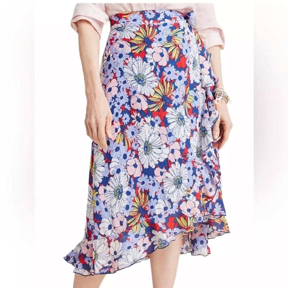 MAEVE Anthropologie Sybil Wrap Skirt Floral Blue Midi